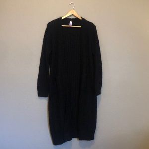 Black Size L Over the Knee Long Open Woven Sweater